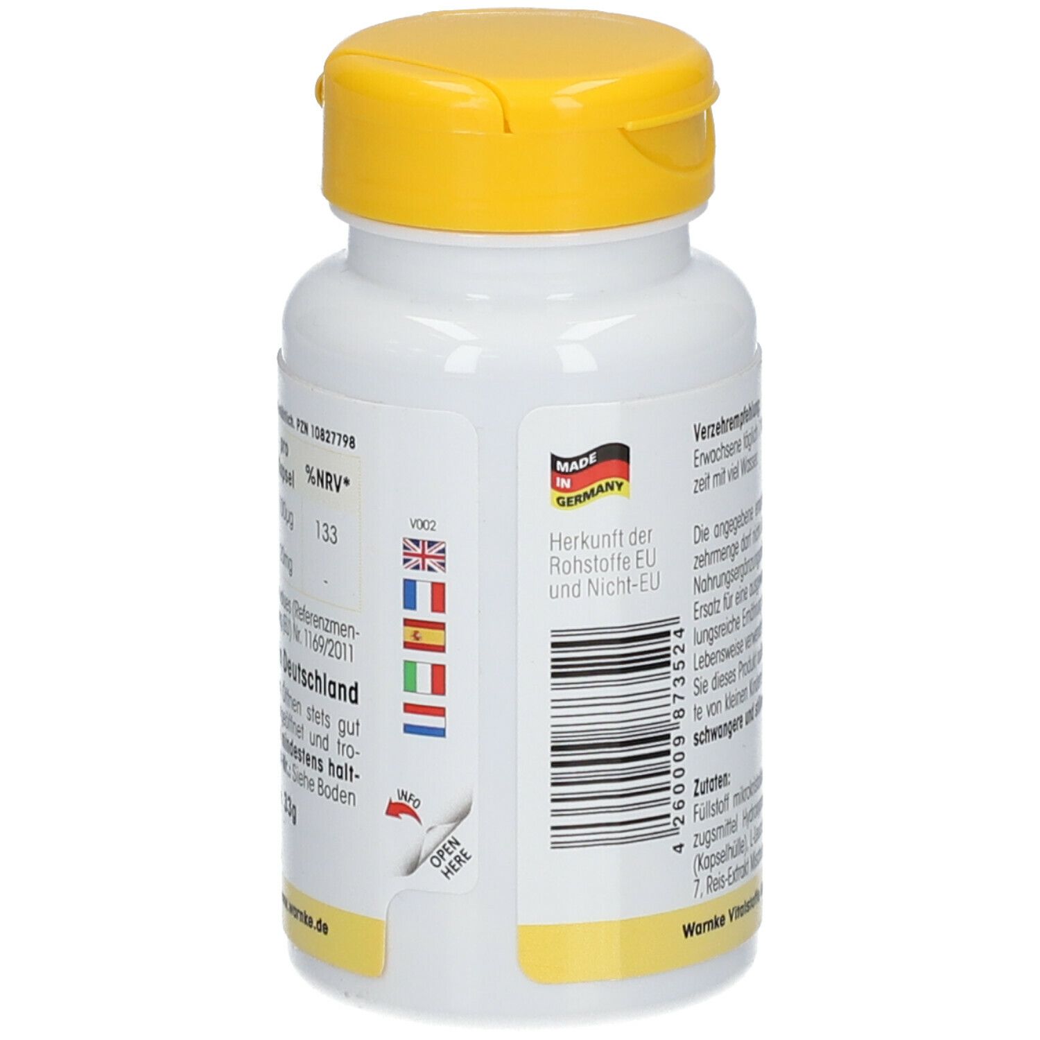 Dos du flacon blanc à bouchon jaune. Texte: Origine des matières premières, UE et non-UE. Drapeaux des pays de l'UE.