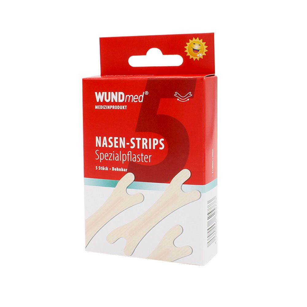 Verpakking met Nasen-Strips. Rode doos met productnaam en 5 neusstrips.