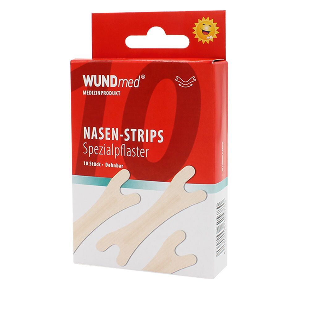 Rode verpakking WUNDmed Nasen-Strips, 10 stuks. Speciale pleisters. Beige neusstrips zichtbaar.