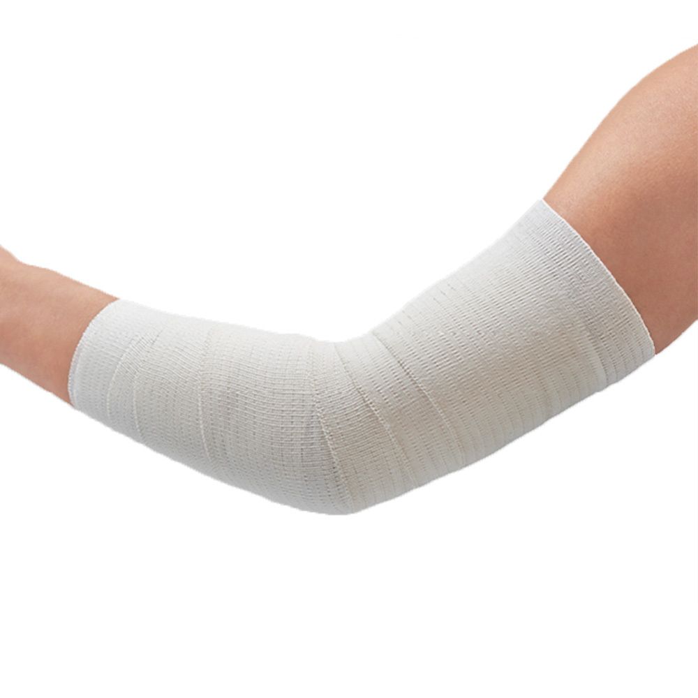 Coudière enveloppée d'un bandage blanc. Le bandage est uniforme et couvre toute la zone.