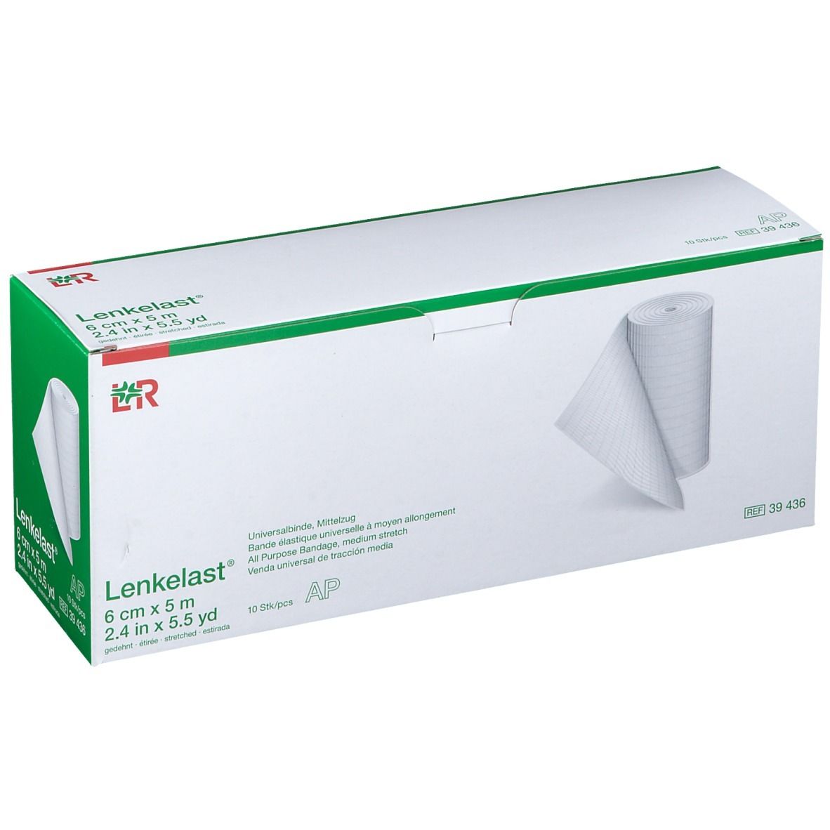 Verpakking van Lenkelast® Universalbinde. 6 cm x 5 m. Wit verband, gedeeltelijk afgerold. Groen-witte doos.