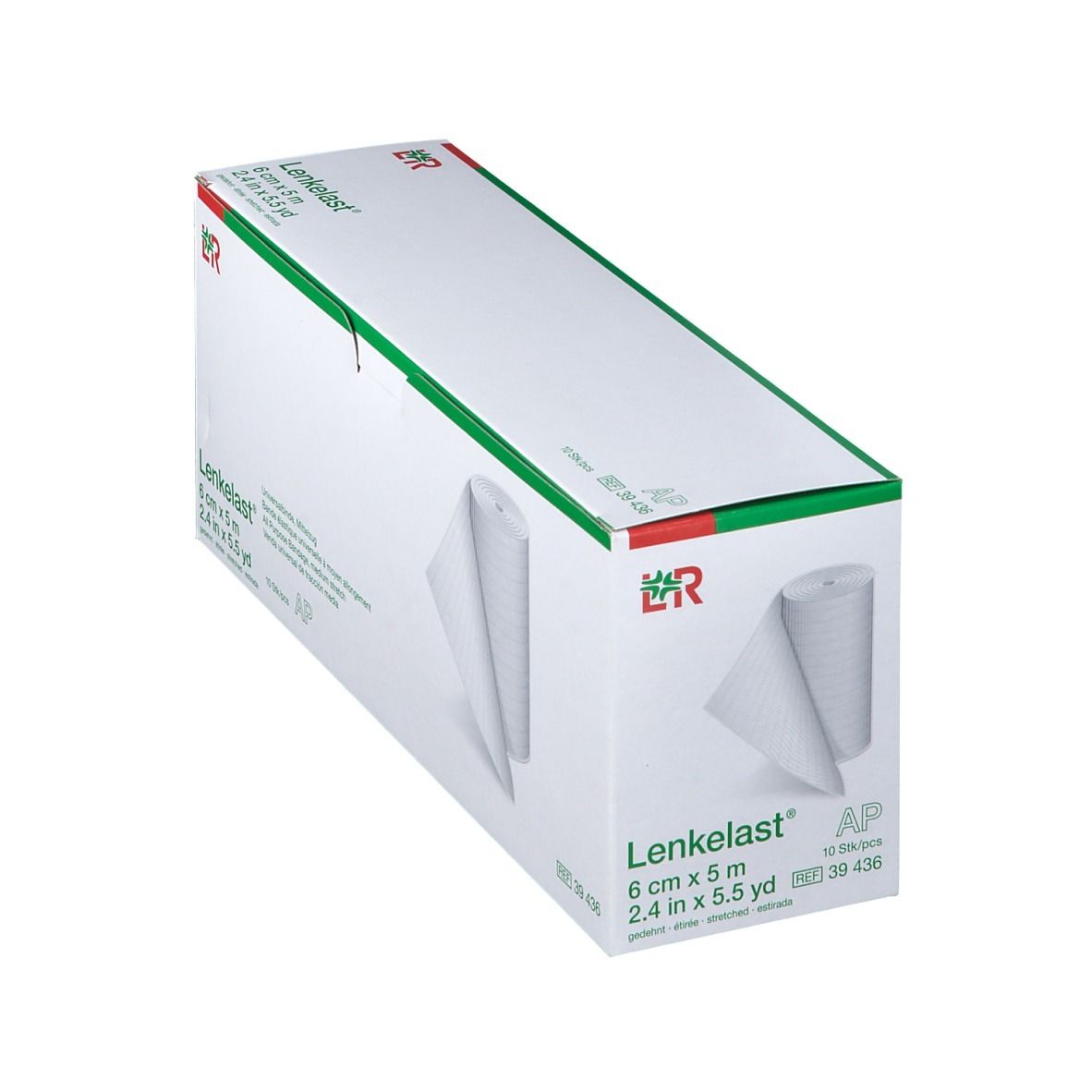 Verpakking Lenkelast® Universalbinde. 6 cm x 5 m. Wit verband, gedeeltelijk afgerold. Groen-witte doos.