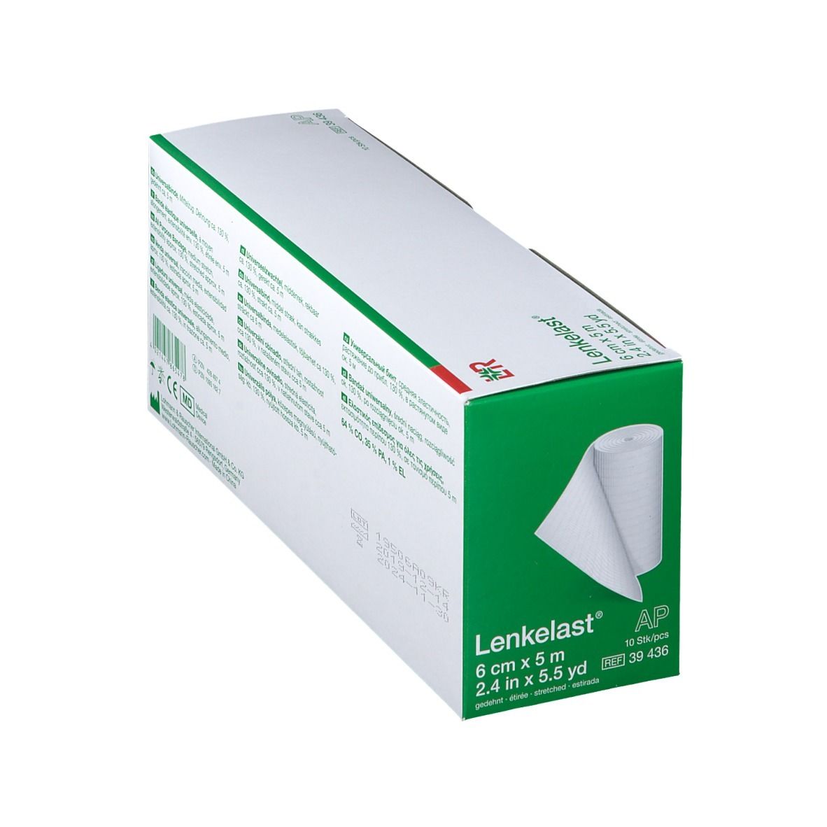 Verpakking Lenkelast® Universalbinde. 6 cm x 5 m. Wit verband, gedeeltelijk afgerold. Groen-witte doos.