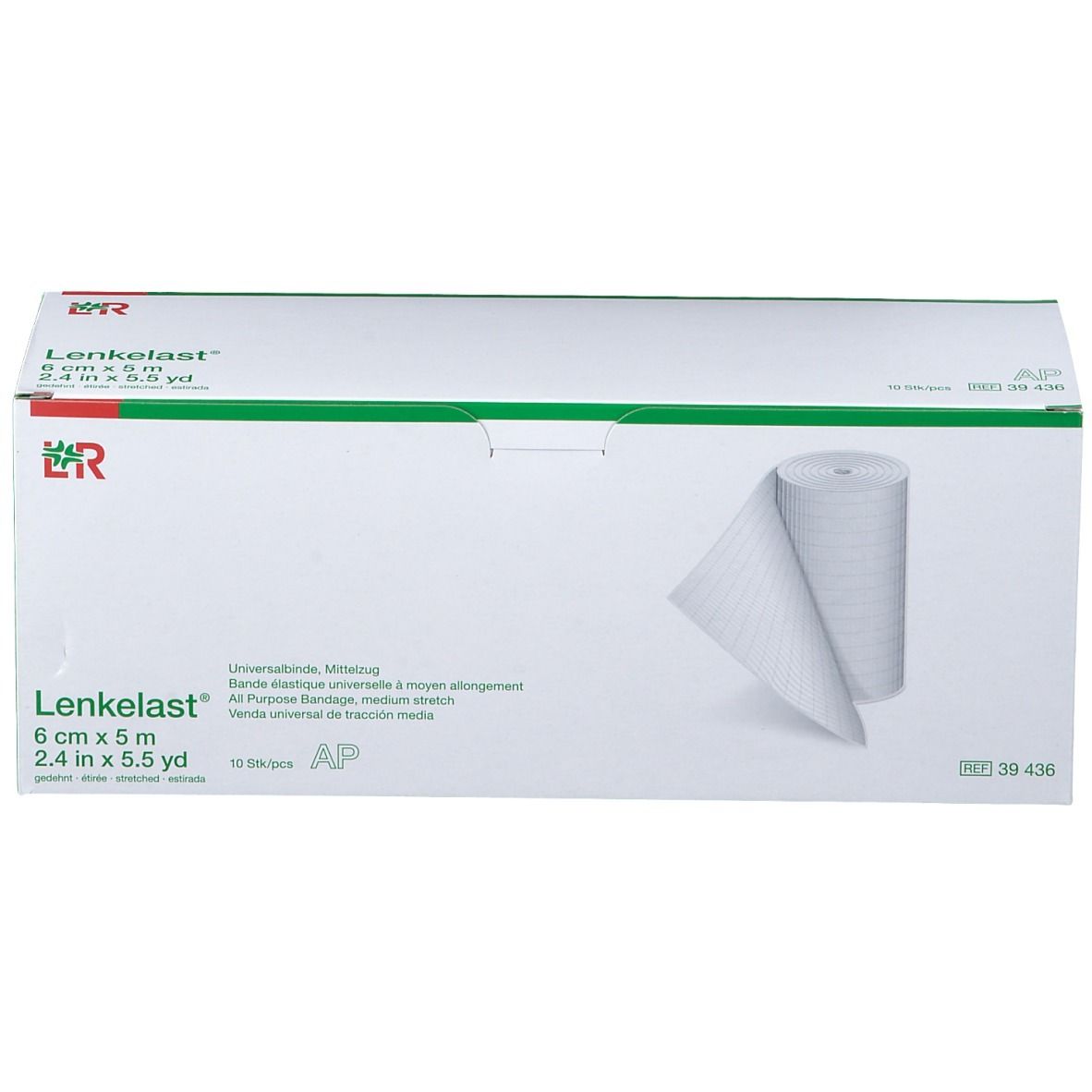 Verpakking Lenkelast® Universalbinde. 6 cm x 5 m. Wit verband, gedeeltelijk afgerold. Groen-witte doos.
