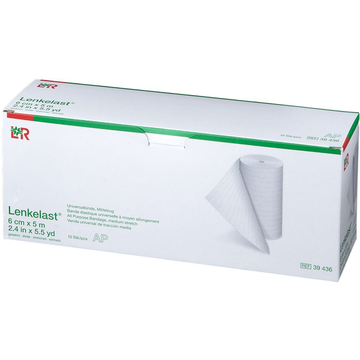 Verpakking Lenkelast® Universalbinde. 6 cm x 5 m. Wit verband, gedeeltelijk afgerold. Groen-witte doos.