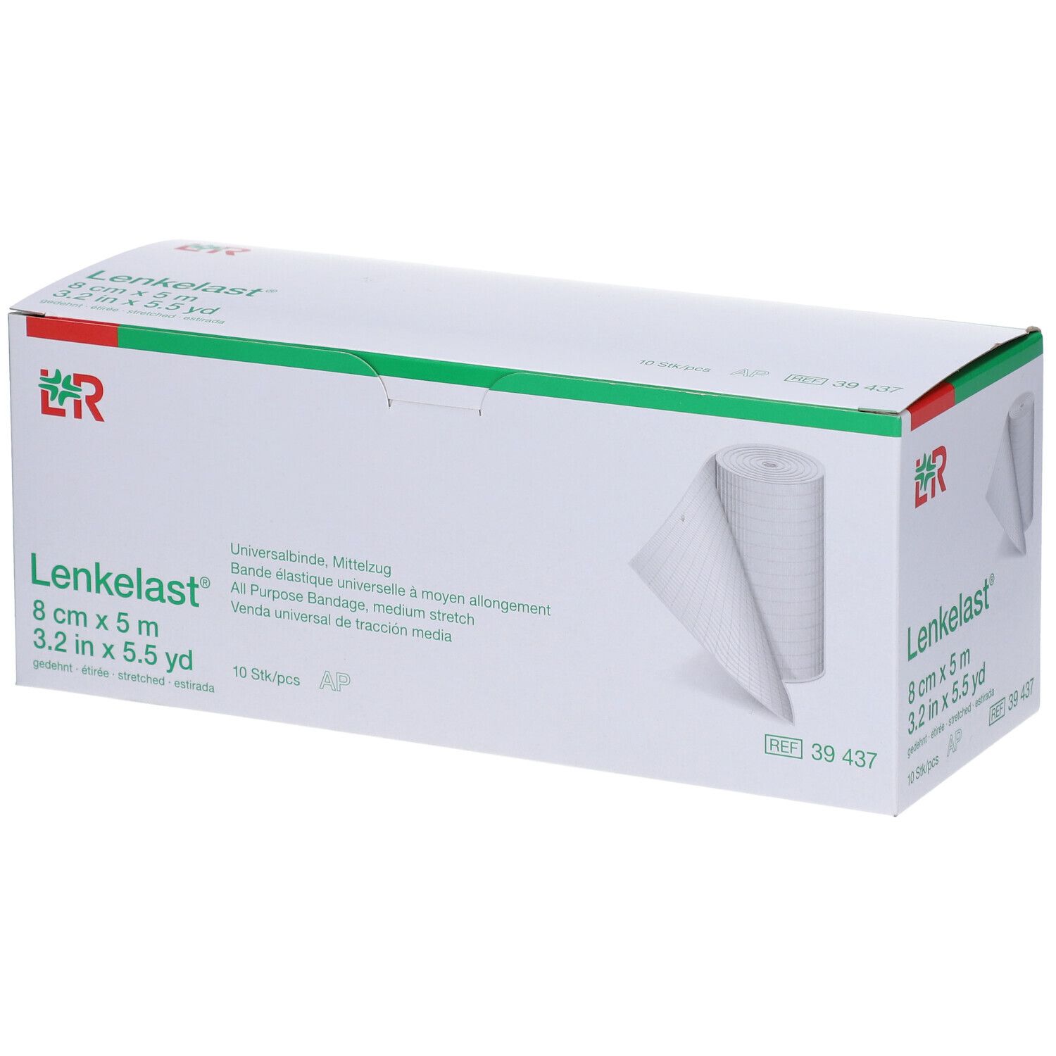 Boîte de Lenkelast® Universalbinde, 8 cm x 5 m. 10 pièces. Bandage blanc partiellement visible.