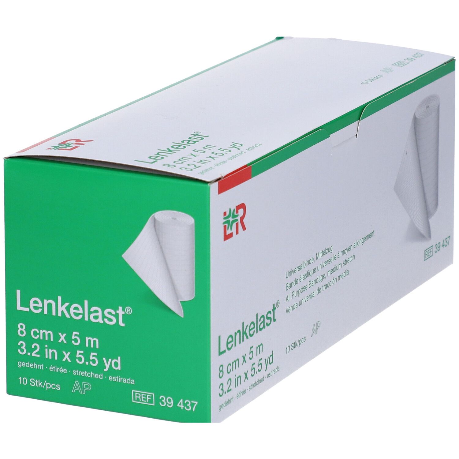 Boîte de Lenkelast® Universalbinde, 8 cm x 5 m. 10 pièces. Accents verts. Bandage blanc partiellement visible.