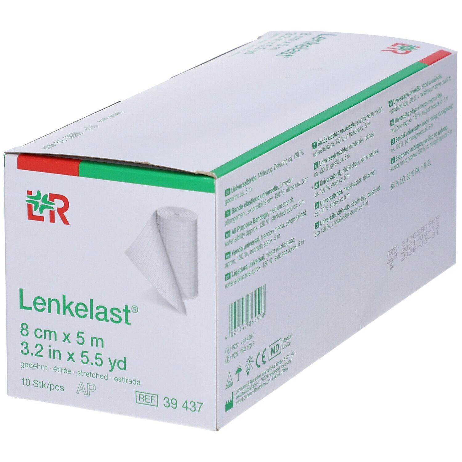 Boîte de Lenkelast® Universalbinde, 8 cm x 5 m. 10 pièces. Bandage blanc partiellement visible.