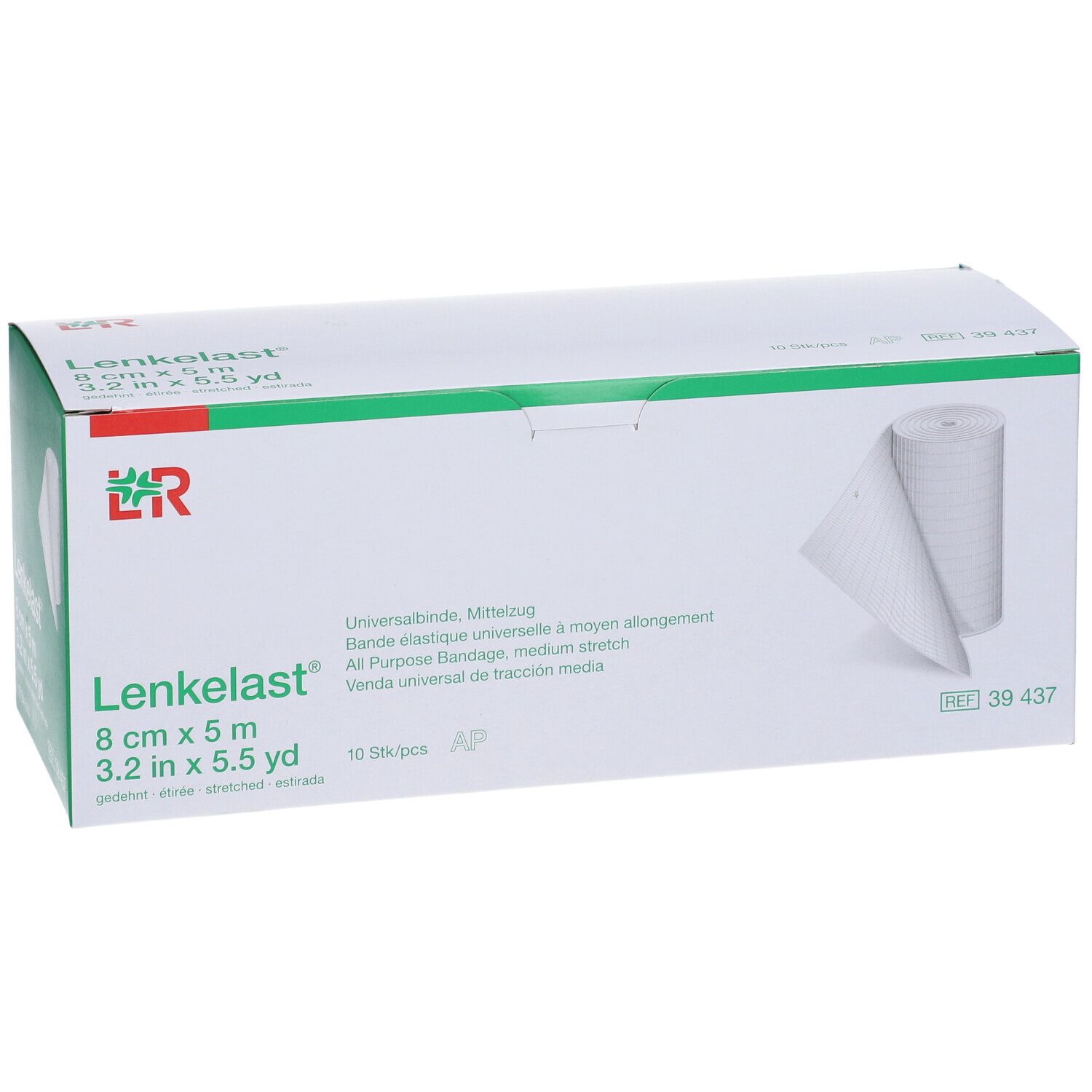 Boîte de Lenkelast® Universalbinde, 8 cm x 5 m. 10 pièces. Bandage blanc partiellement visible.
