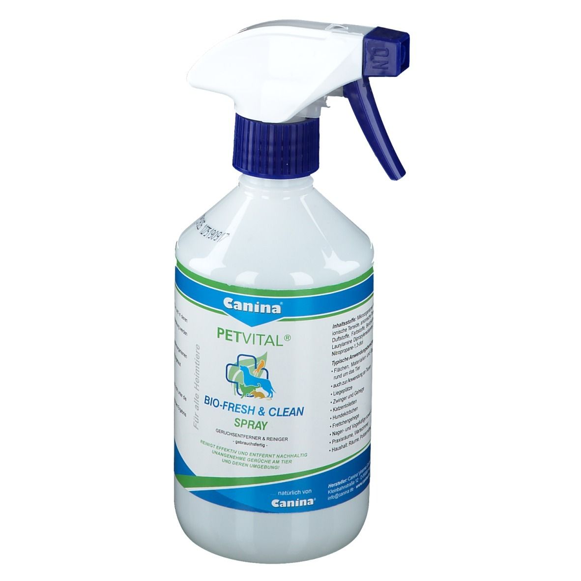Witte spuitfles met blauwe spuitkop. Etiket met 'Canina PETVITAL BIO-FRESH & CLEAN SPRAY'.