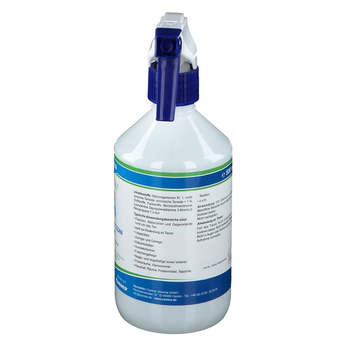 Witte spuitfles met blauwe spuitkop en etiket, 500ml.