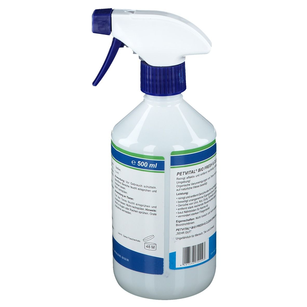 Witte spuitfles met blauwe sproeikop, inhoud 500 ml. Etiket met productinformatie.