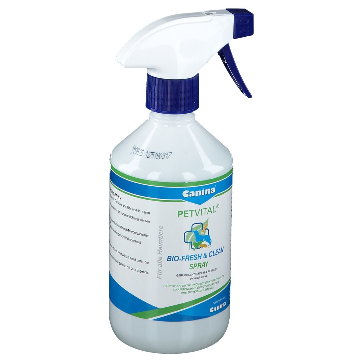 Witte spuitfles met blauwe spuitkop. Etiket met 'Canina PETVITAL BIO-FRESH & CLEAN SPRAY'.