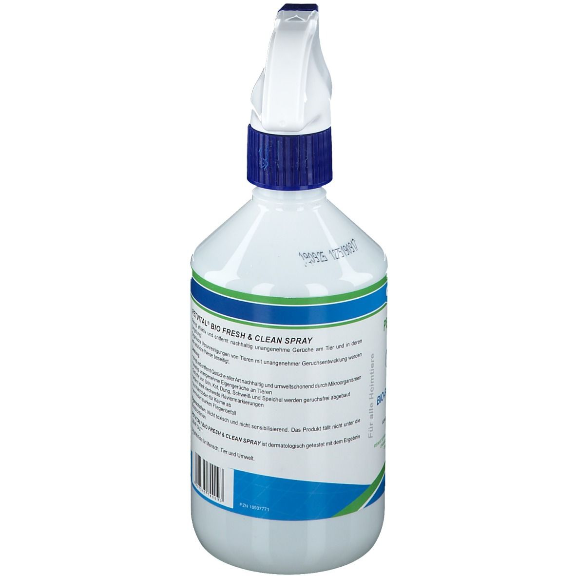Witte spuitfles met blauwe spuitkop en blauwgroen etiket. Opschrift: 'BIO FRESH & CLEAN SPRAY'.