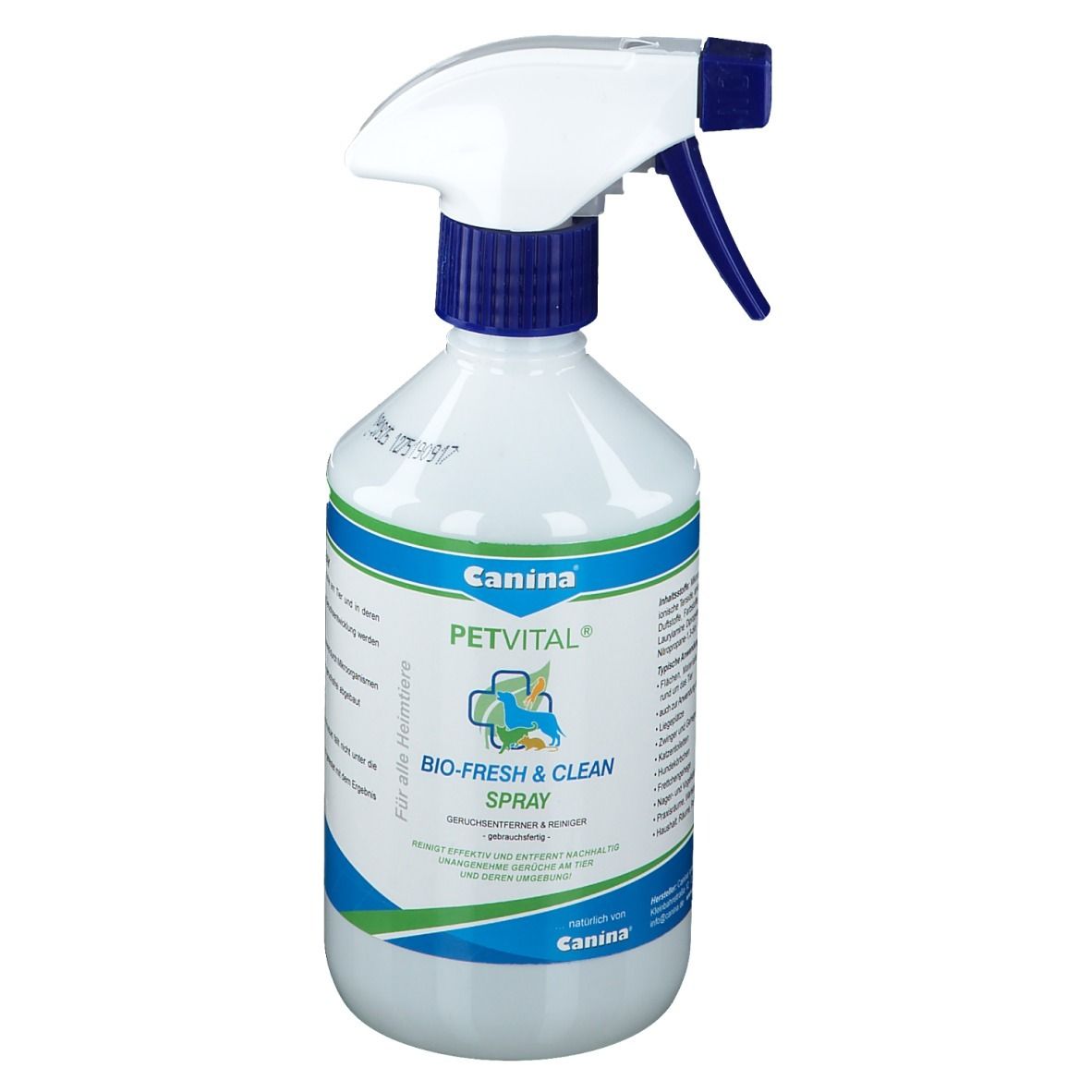 Canina PETVITAL Bio-Fresh & Clean Spray in witte spuitfles met blauwe spuitkop.