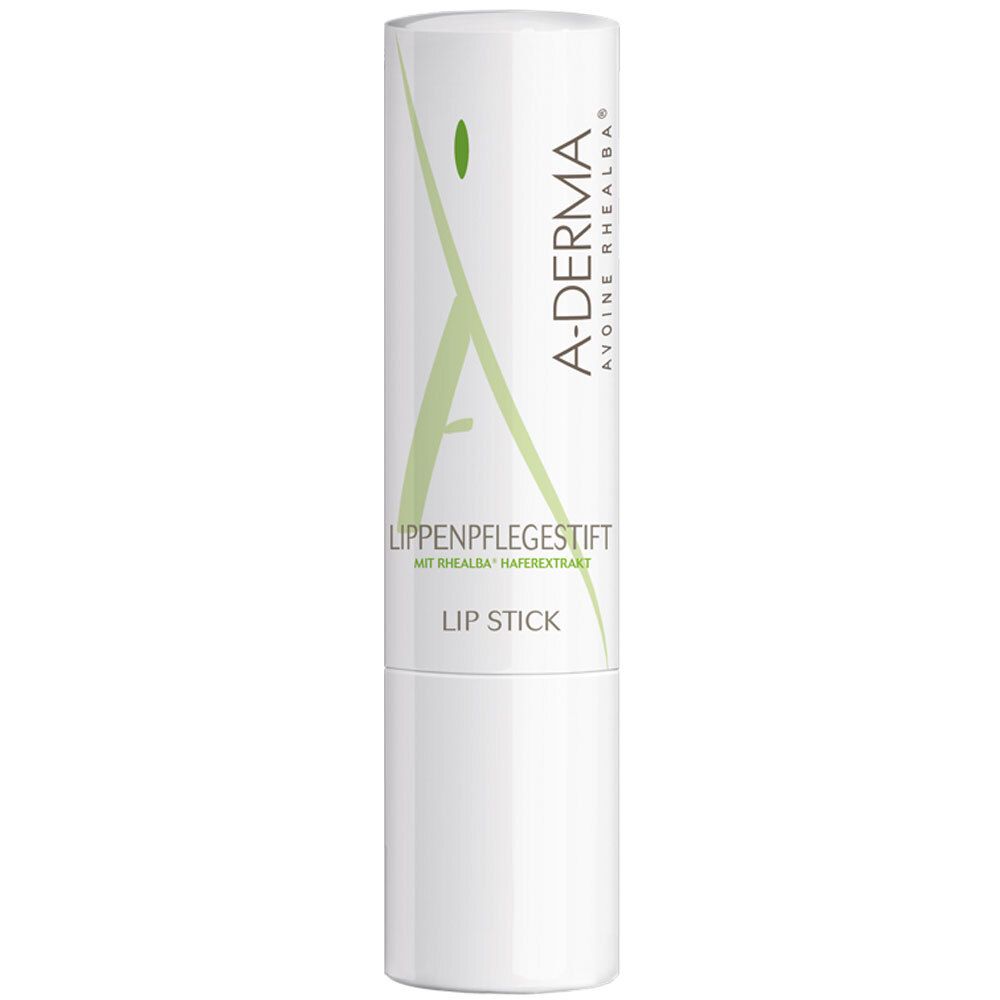 Stick à lèvres A-Derma. Bâton blanc avec graphisme vert et texte. Nom du produit et marque clairement visibles.
