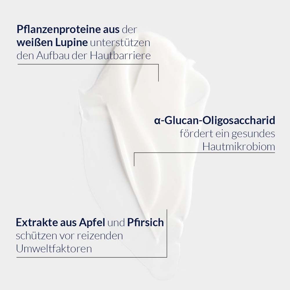Gros plan de crème blanche avec texte. Protéines végétales, α-Glucan-Oligosaccharide et extraits de pomme et de pêche.