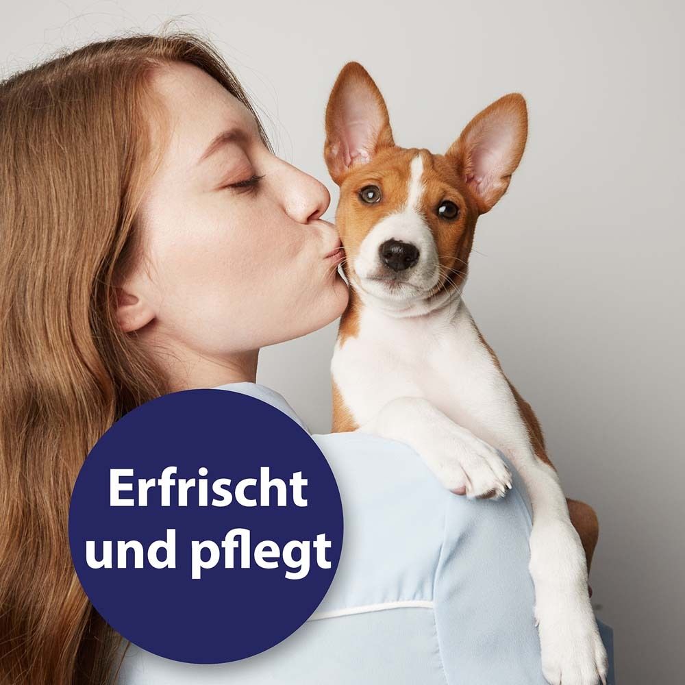 Vrouw kust lieve hondenfokker op de wang. Blauwe cirkel met tekst "Verfrist en verzorgt".