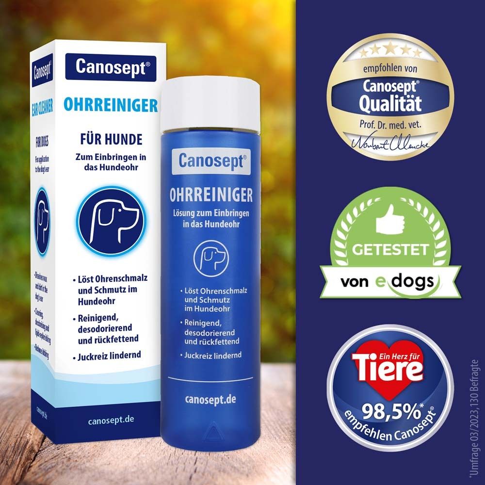 Canosept Oorreiniger fles en doos voor honden. Bevat reinigingsvloeistof.