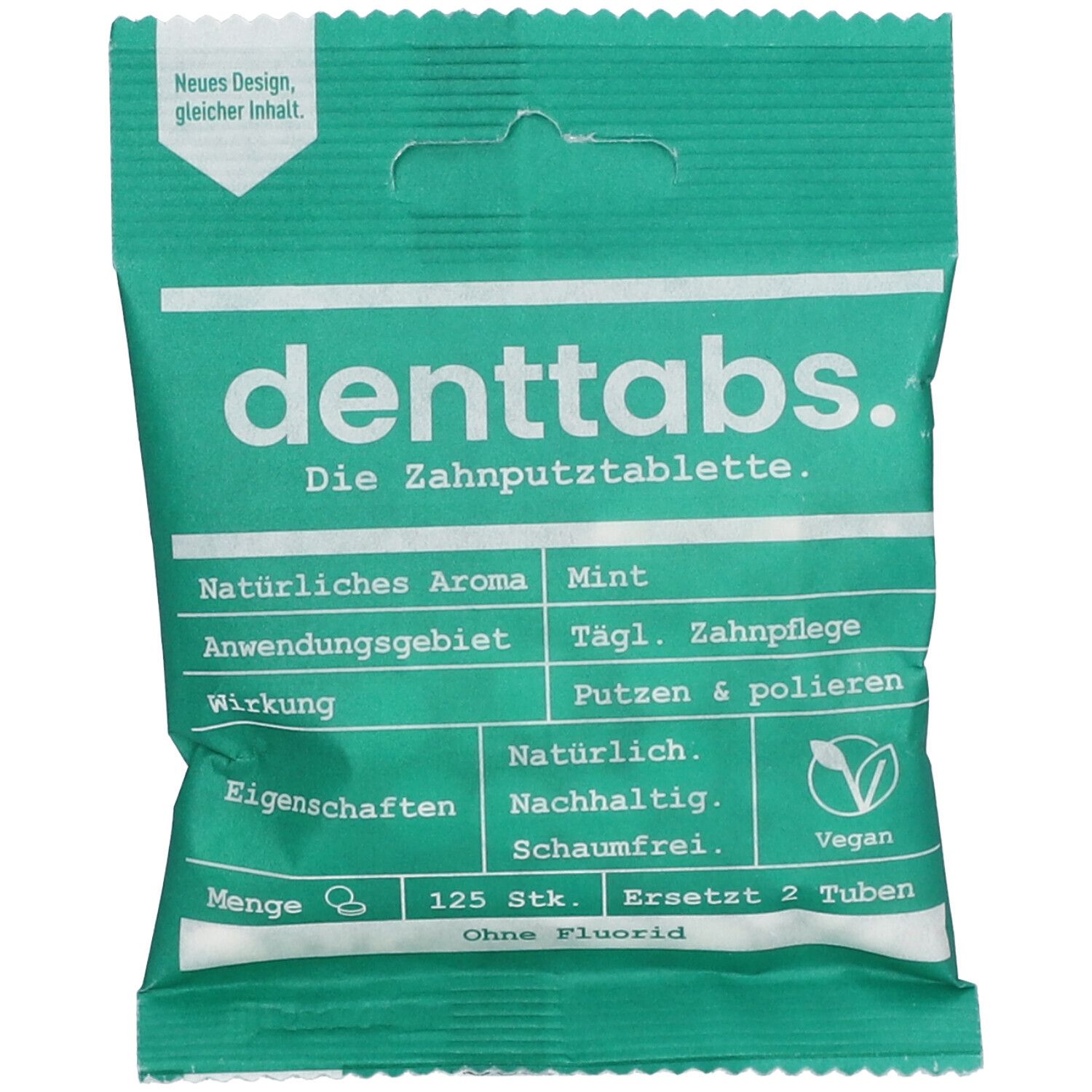 Groene verpakking met "denttabs." en productinformatie. Bevat 125 tabletten, vegan, zonder fluoride.