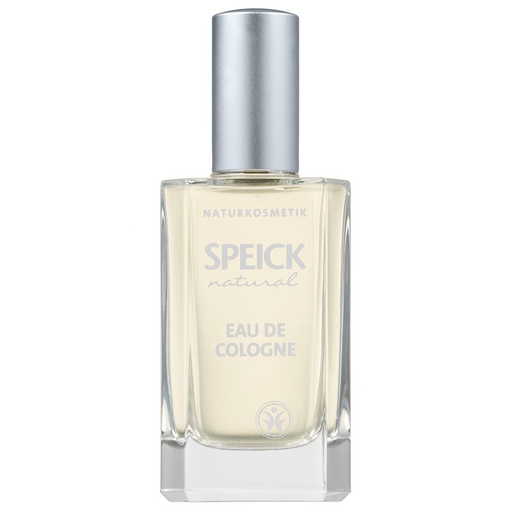 Flacon en verre transparent avec bouchon argenté. Inscription: SPEICK natural Eau de Cologne. Logo cosmétiques naturels.