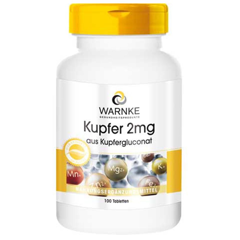 Flacon blanc à bouchon jaune. Inscription: WARNKE Kupfer 2mg. Contient 100 comprimés. Illustration de minéraux.