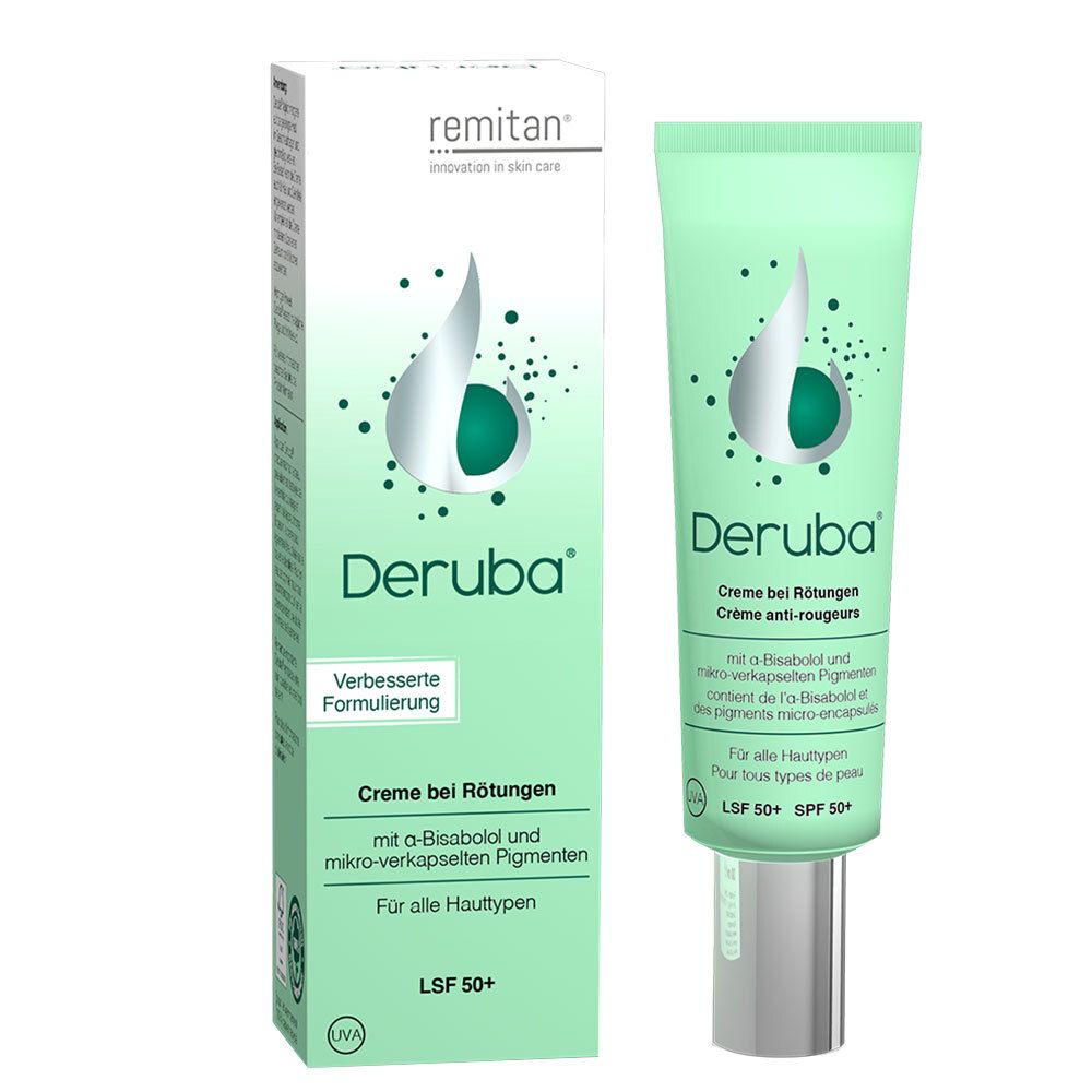 Crème Deruba LSF 50+ et emballage. Vert, blanc. Texte: Crème anti-rougeurs, SPF 50+.