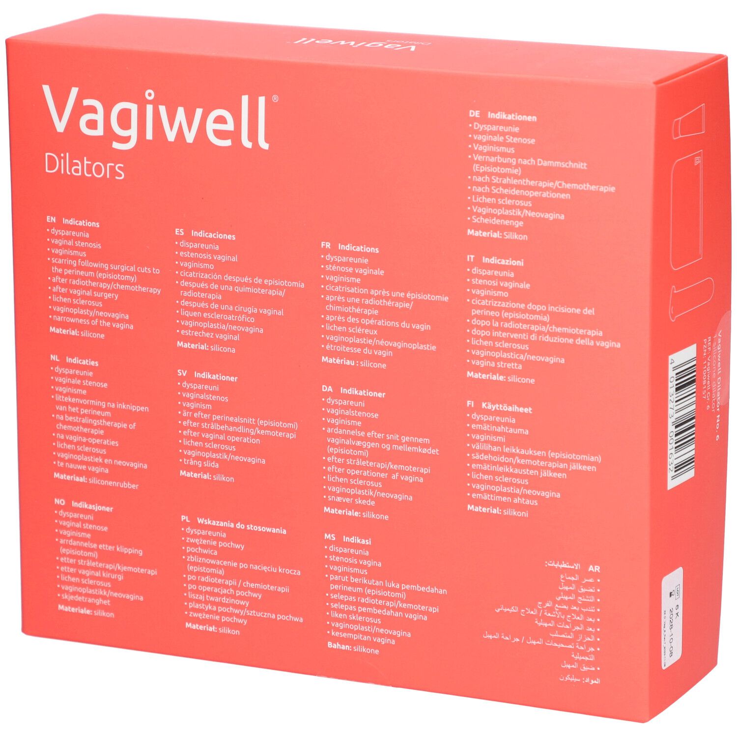 Emballage Vagiwell Dilators avec indications multilingues et détails matériels.