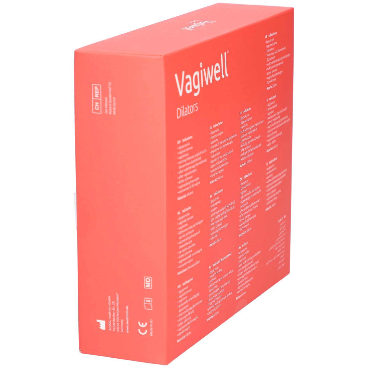 Emballage Vagiwell Dilators avec texte et marquage CE.