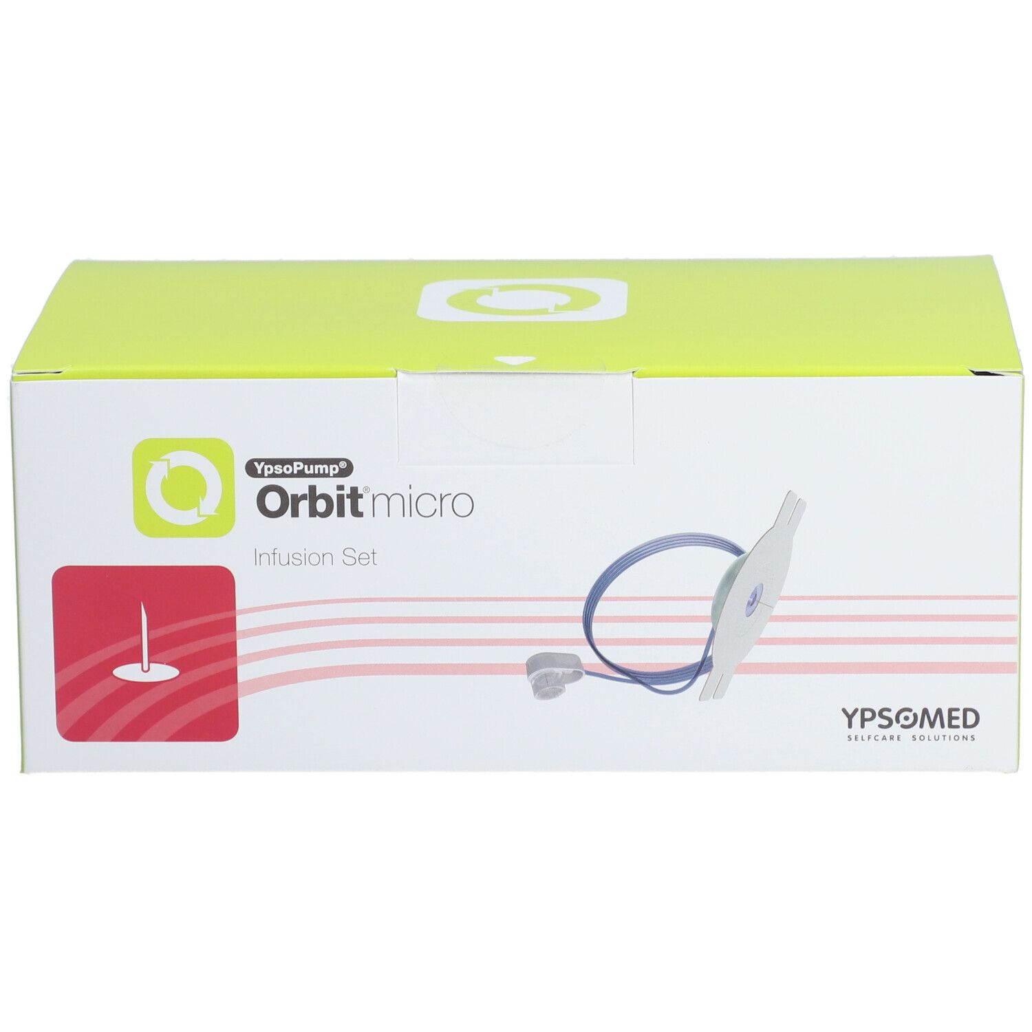 Set de perfusion Ypsomed Orbit micro sur un emballage avec illustration du produit et logo.