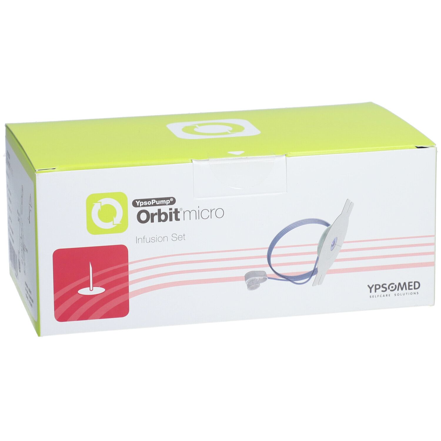 Set de perfusion Ypsomed Orbit micro sur un emballage avec illustration du produit et logo.