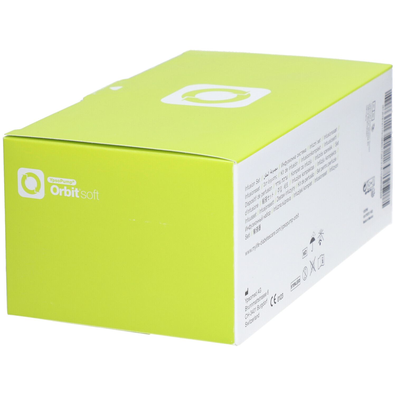 Verpakking van een Orbitsoft infusieset met slang en connector.