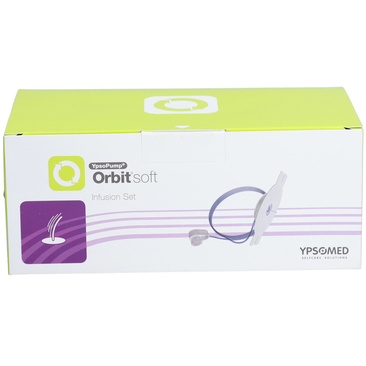 Verpakking van een Orbitsoft infusieset met slang en connector.