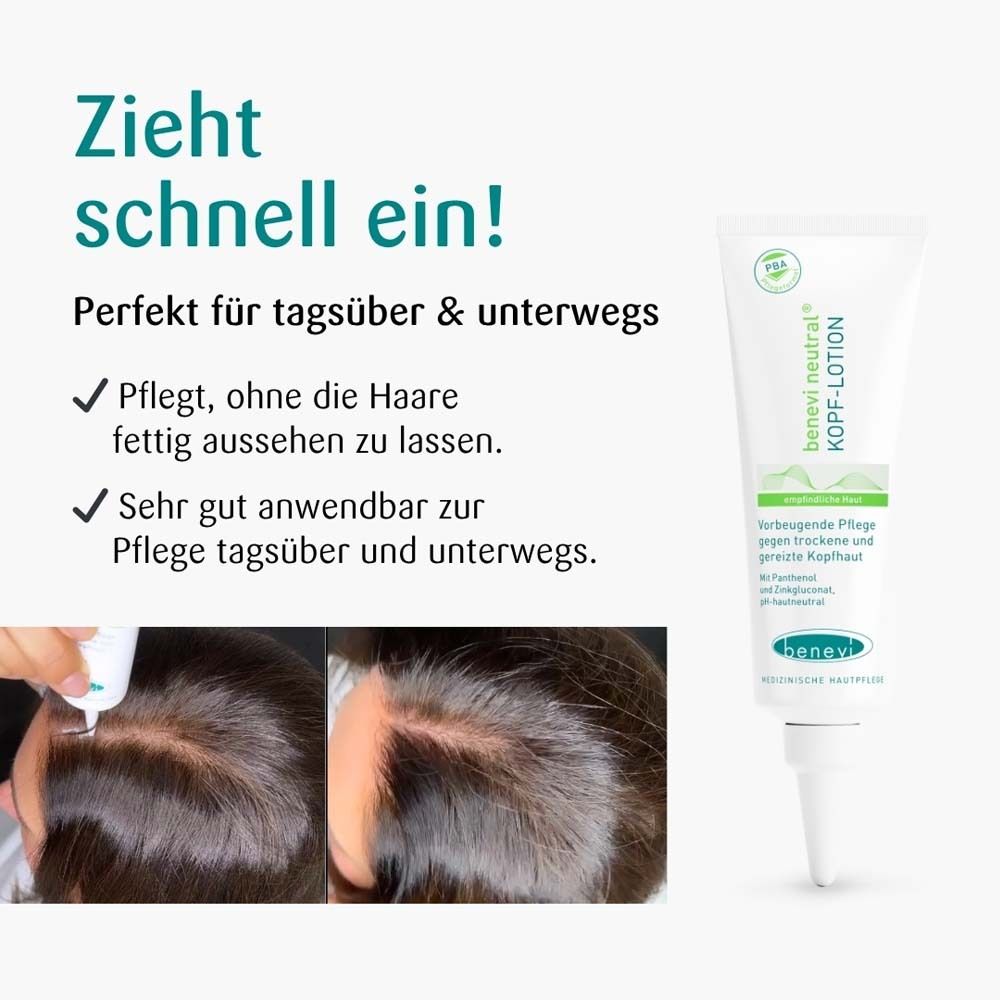 Tube met Benevi Neutral hoofdhuidlotion, aanbrengen op de hoofdhuid.