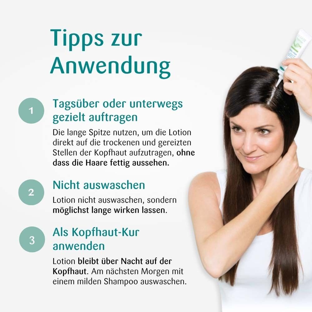 Vrouw brengt lotion aan op hoofdhuid met applicator. Instructies in drie stappen.