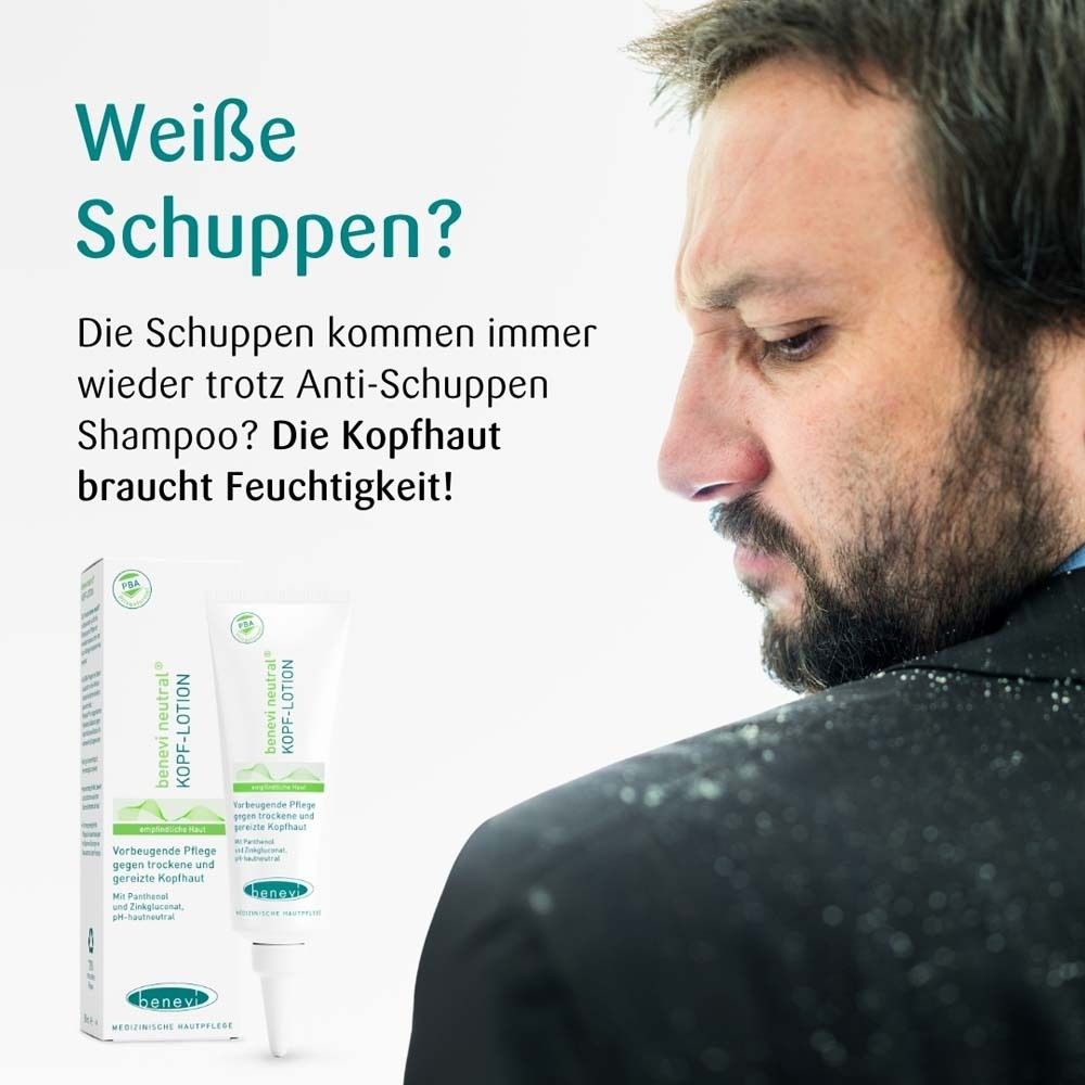 Een man met roos op zijn pak. Daarnaast een tube en doosje voor hoofdhuidlotion.