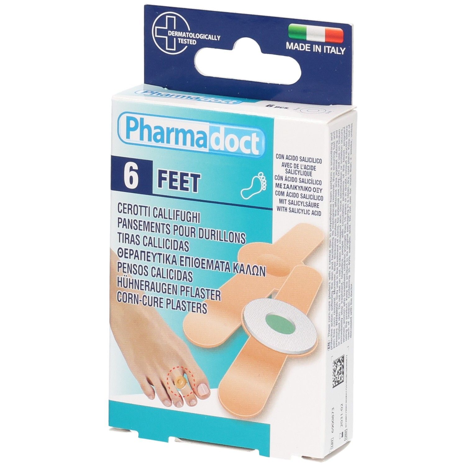 Verpakking Pharmadoct Feet, 6 voetpleisters. Opschrift: Dermatologisch getest, Made in Italy. Illustratie van een voet.