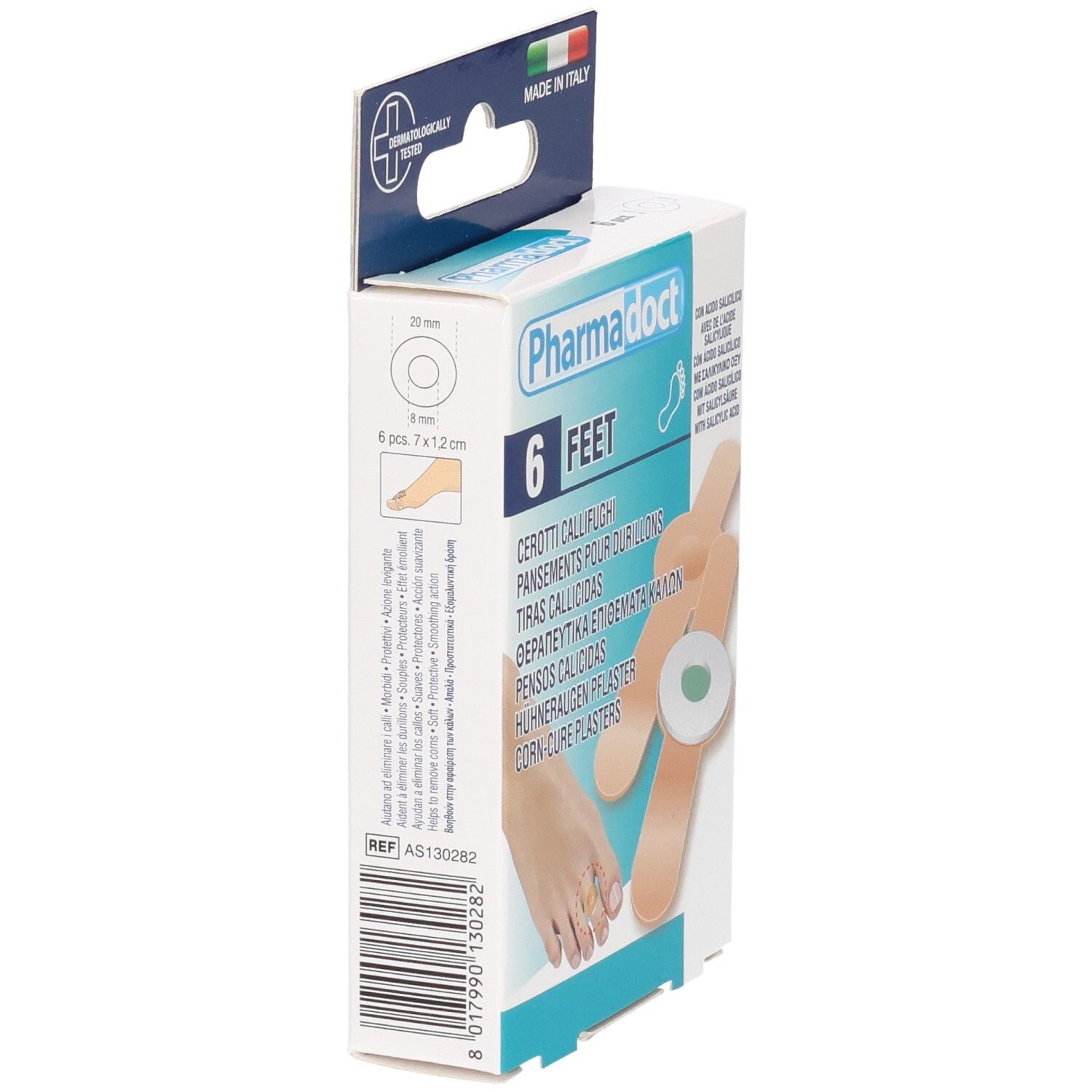 Zijaanzicht van de verpakking van Pharmadoct Feet. Toont 6 pleisters. Opschrift: 5 stuks. 7x12 mm. Met barcode en Made in Italy.