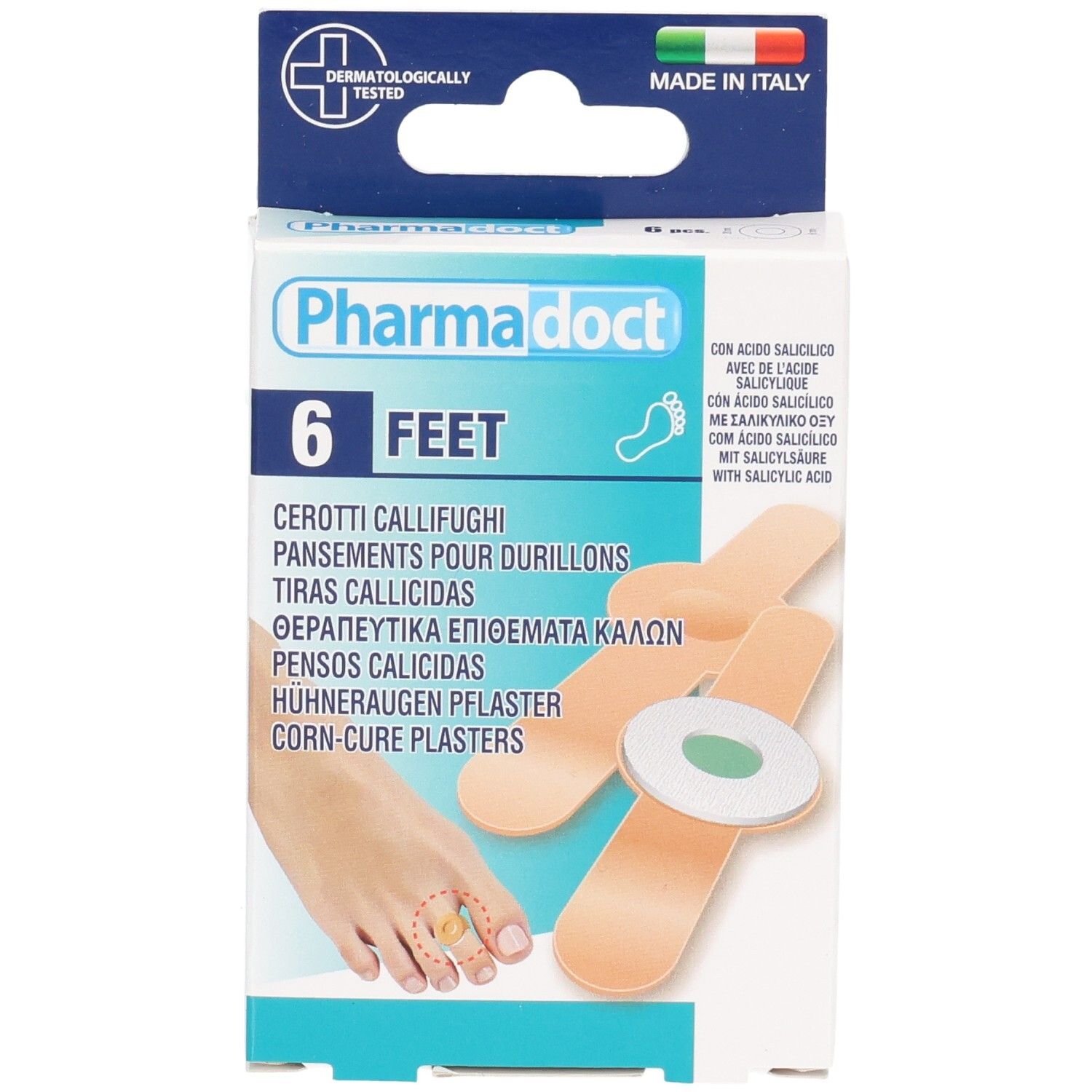 Verpakking Pharmadoct Feet met 6 pleisters. Opschrift: Dermatologisch getest, Made in Italy. Paarse accentkleur.