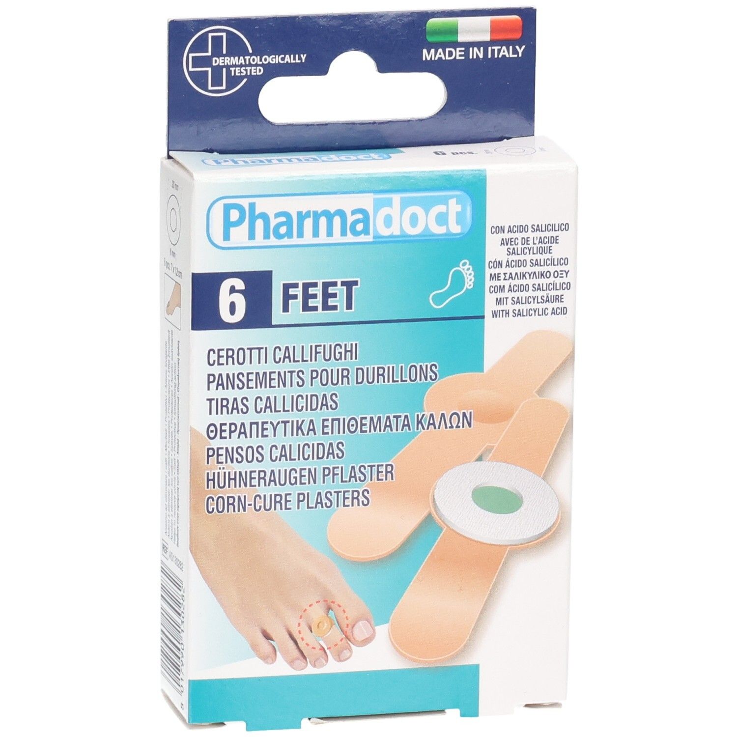 Verpakking Pharmadoct Feet met 6 pleisters. Opschrift: Dermatologisch getest, Made in Italy. Productafbeelding.