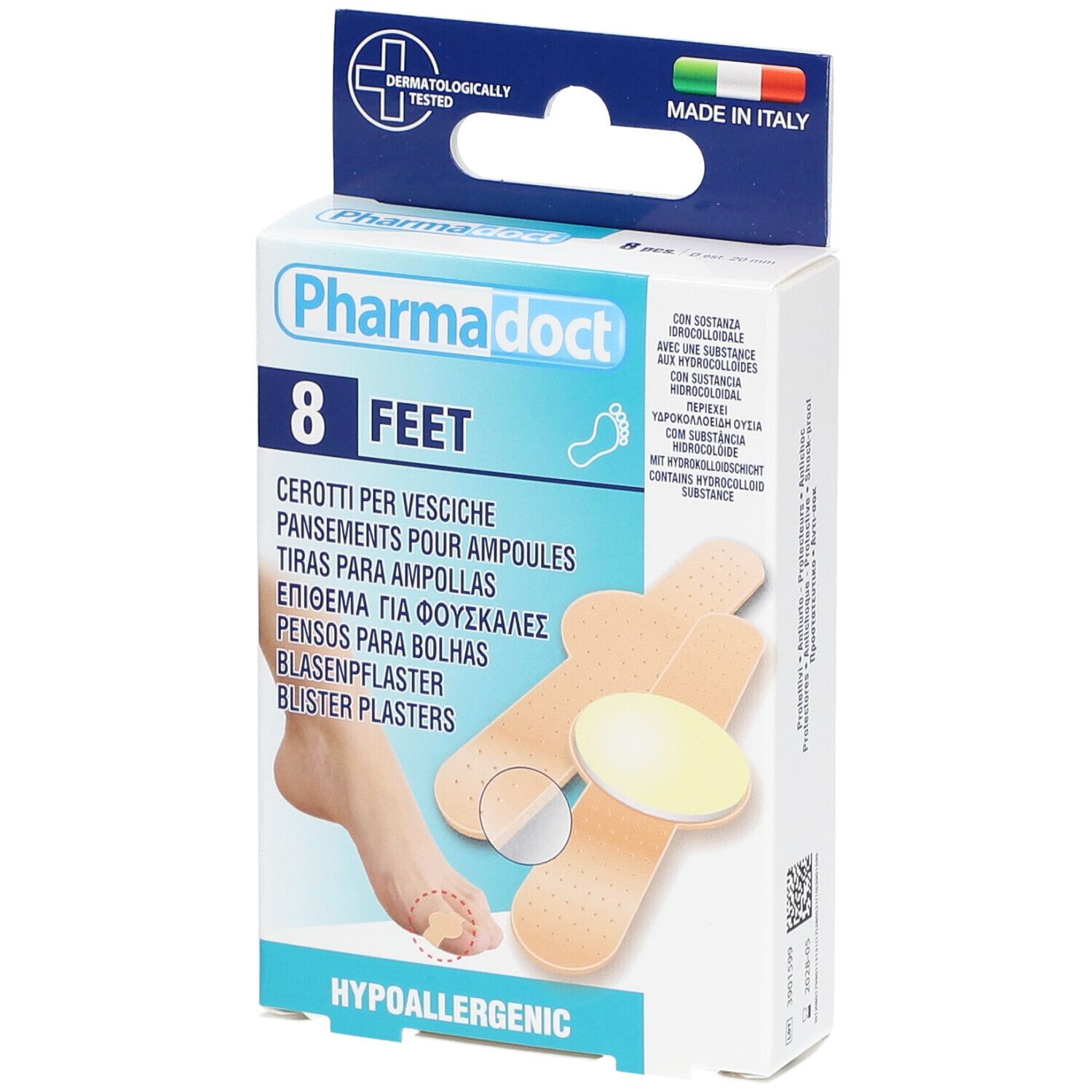 Verpakking met 8 blarenpleisters. Bevat hydrocolloïde. Dermatologisch getest, Made in Italy. Hypoallergeen.
