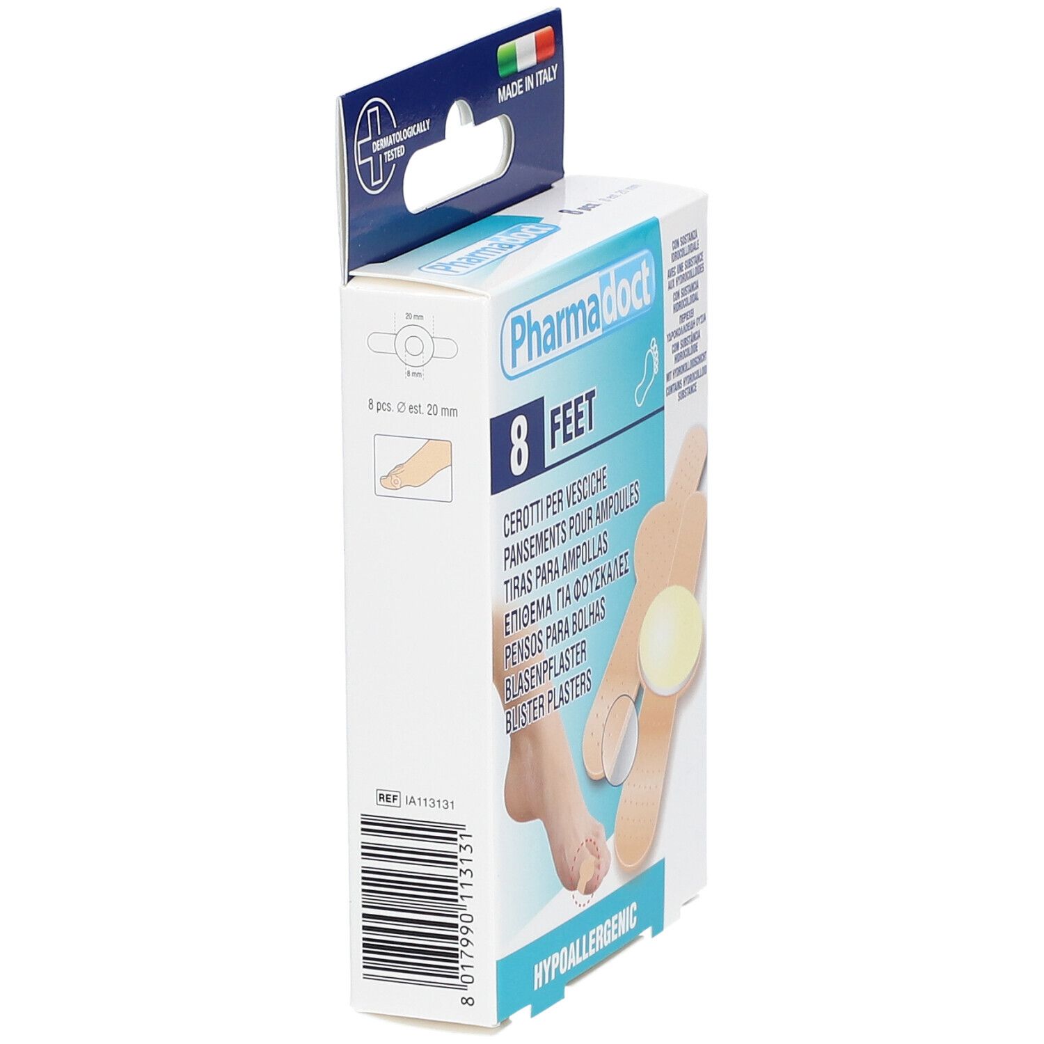 Verpakking met 8 blarenpleisters. Bevat hydrocolloïde. Made in Italy. Streepjescode en productinformatie.