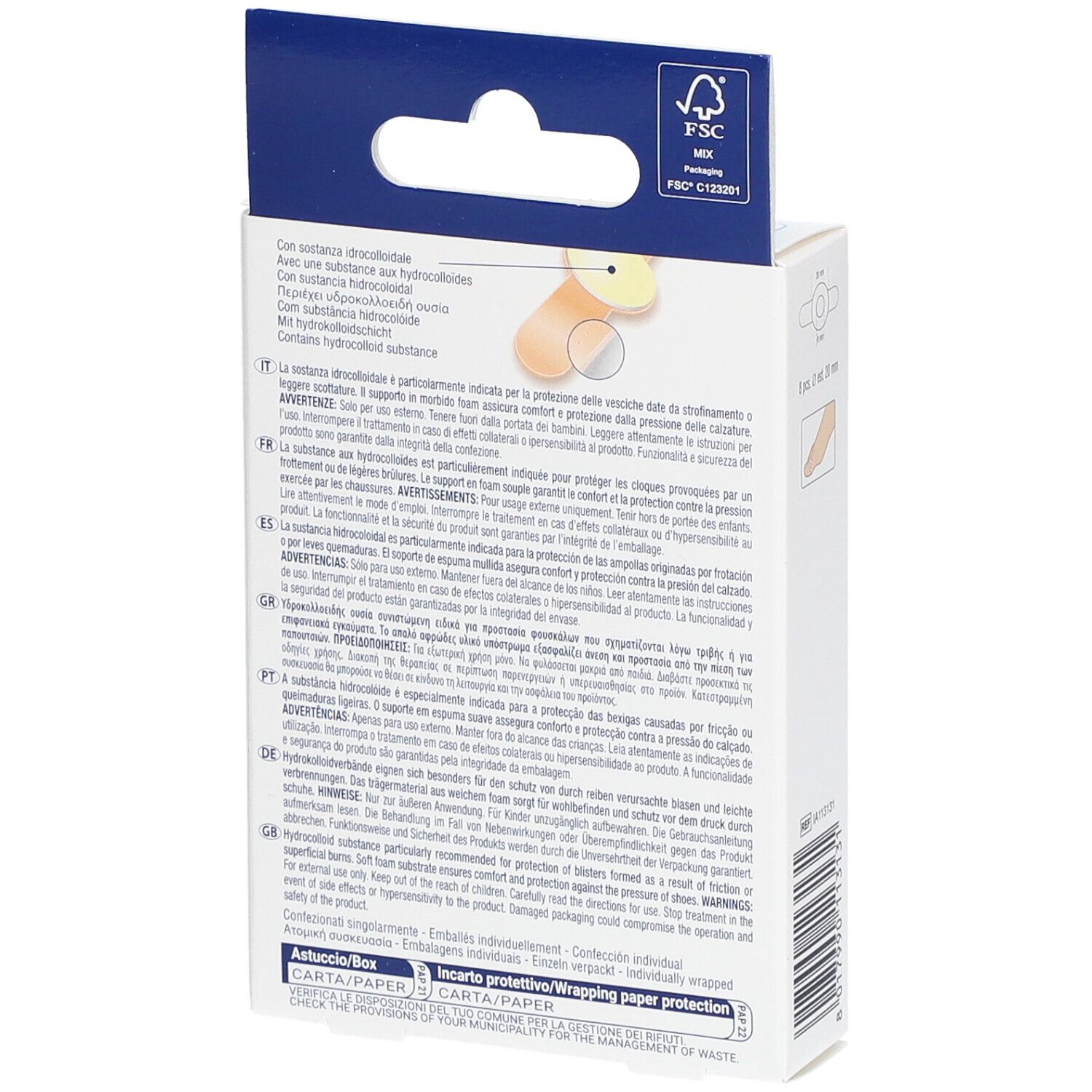Achterkant van de verpakking met productinformatie. Bevat hydrocolloïde. FSC-certificering.