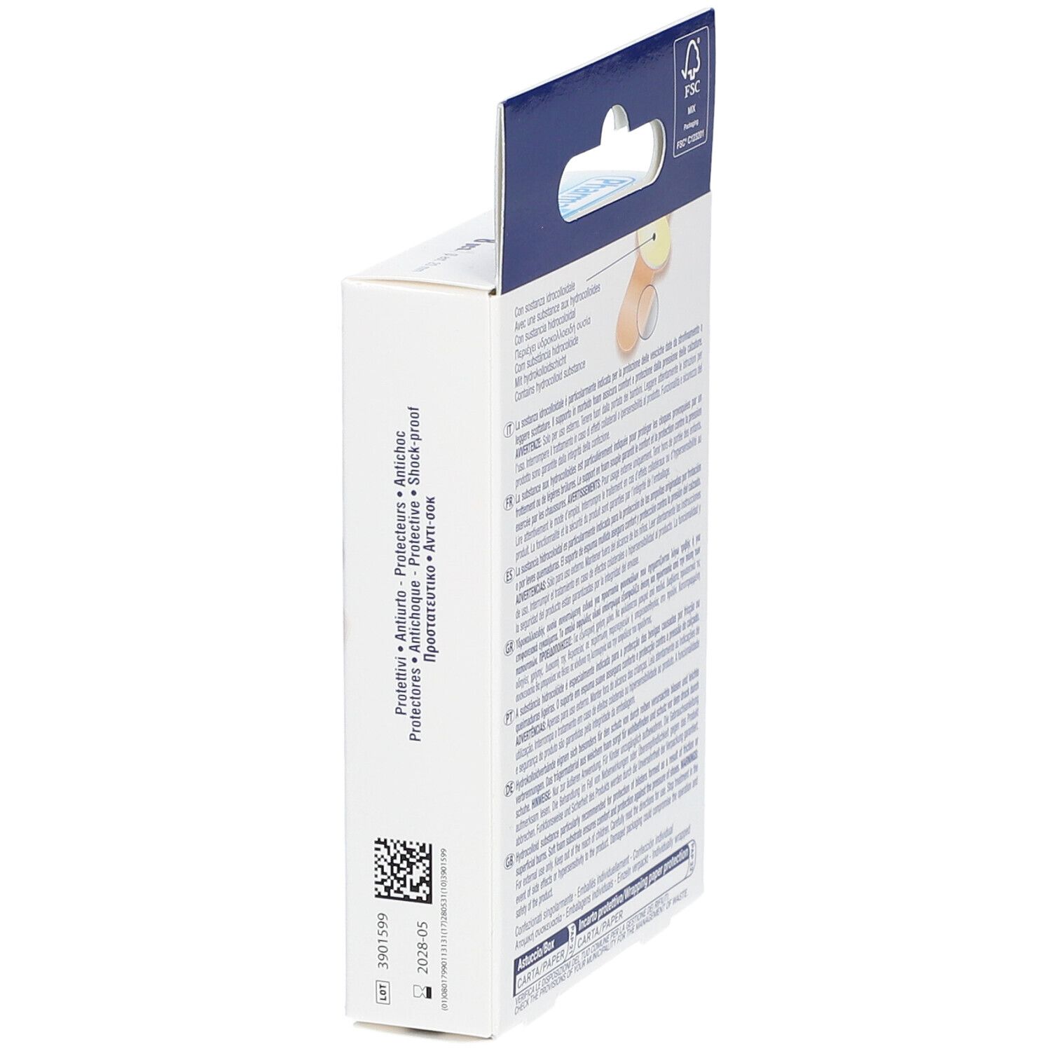 Zijaanzicht van de verpakking. Productinformatie en streepjescode. FSC-certificering.