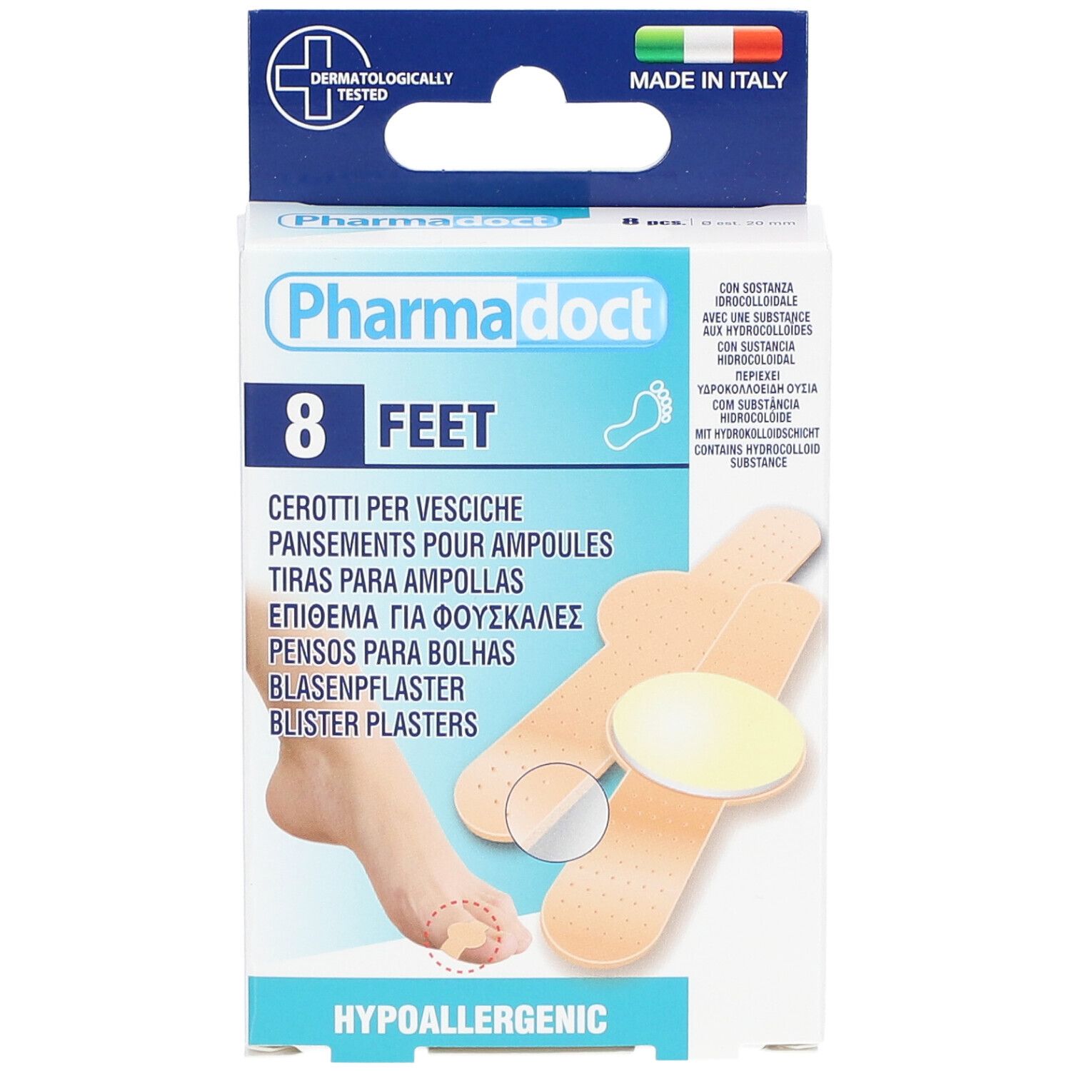 Verpakking met 8 blarenpleisters. Bevat hydrocolloïde. Dermatologisch getest, Made in Italy. Hypoallergeen.