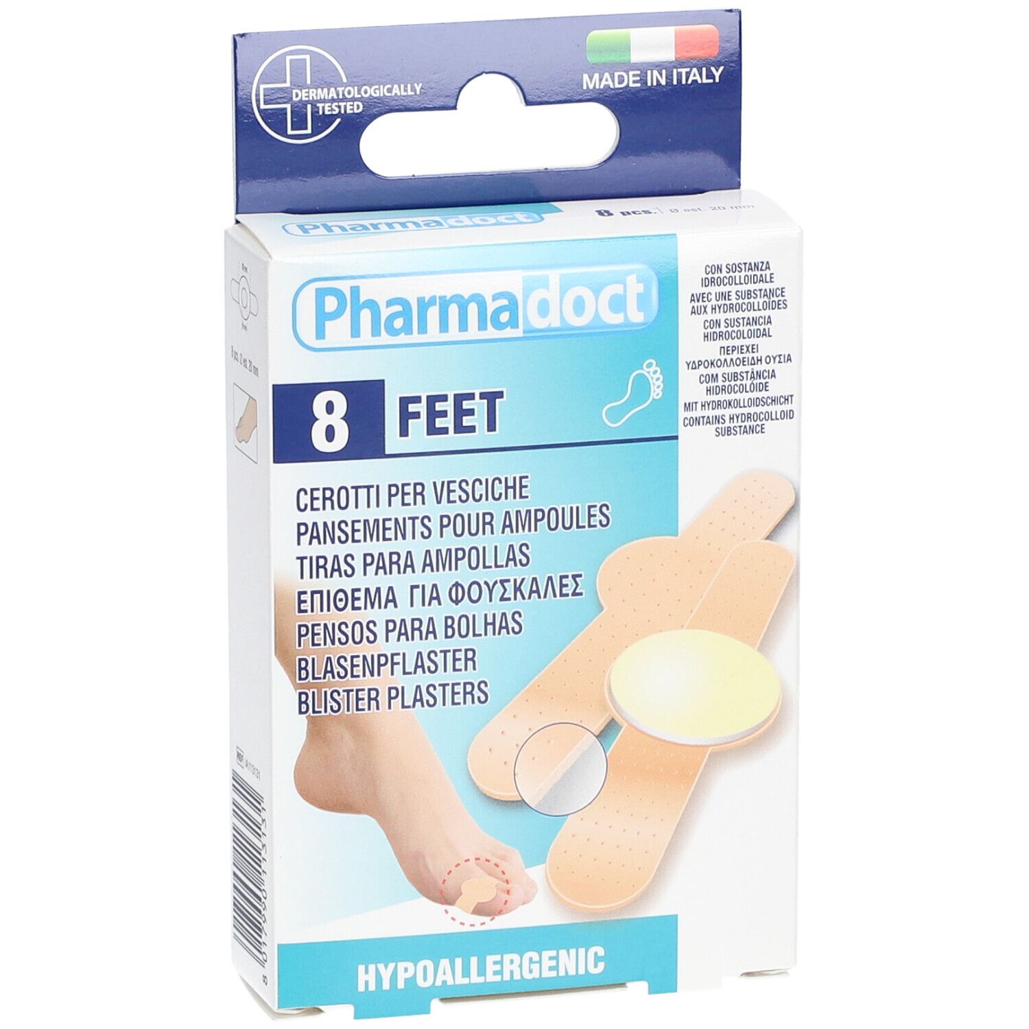 Verpakking met 8 blarenpleisters. Bevat hydrocolloïde. Dermatologisch getest, Made in Italy. Hypoallergeen.