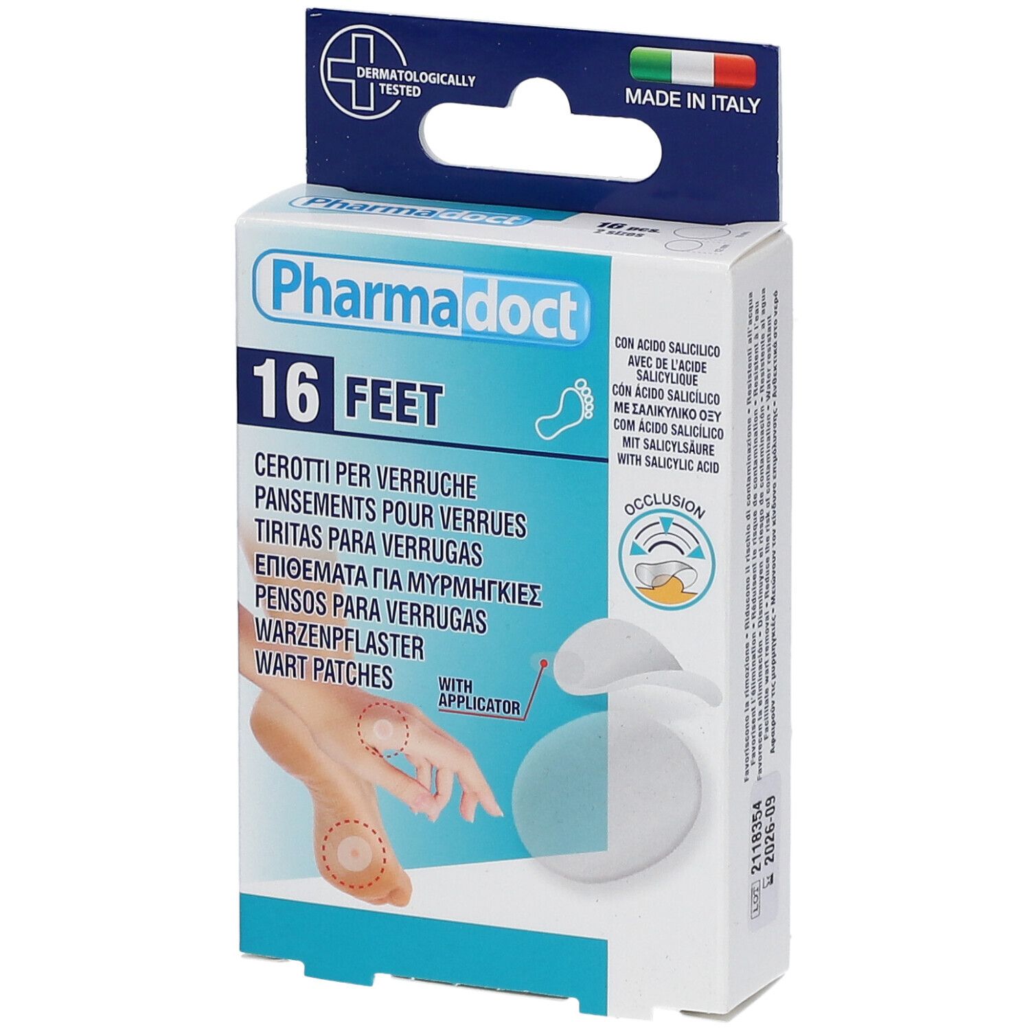 Verpakking van Pharmadoct voetwarzenpleisters. 16 stuks. Met applicator. Made in Italy.