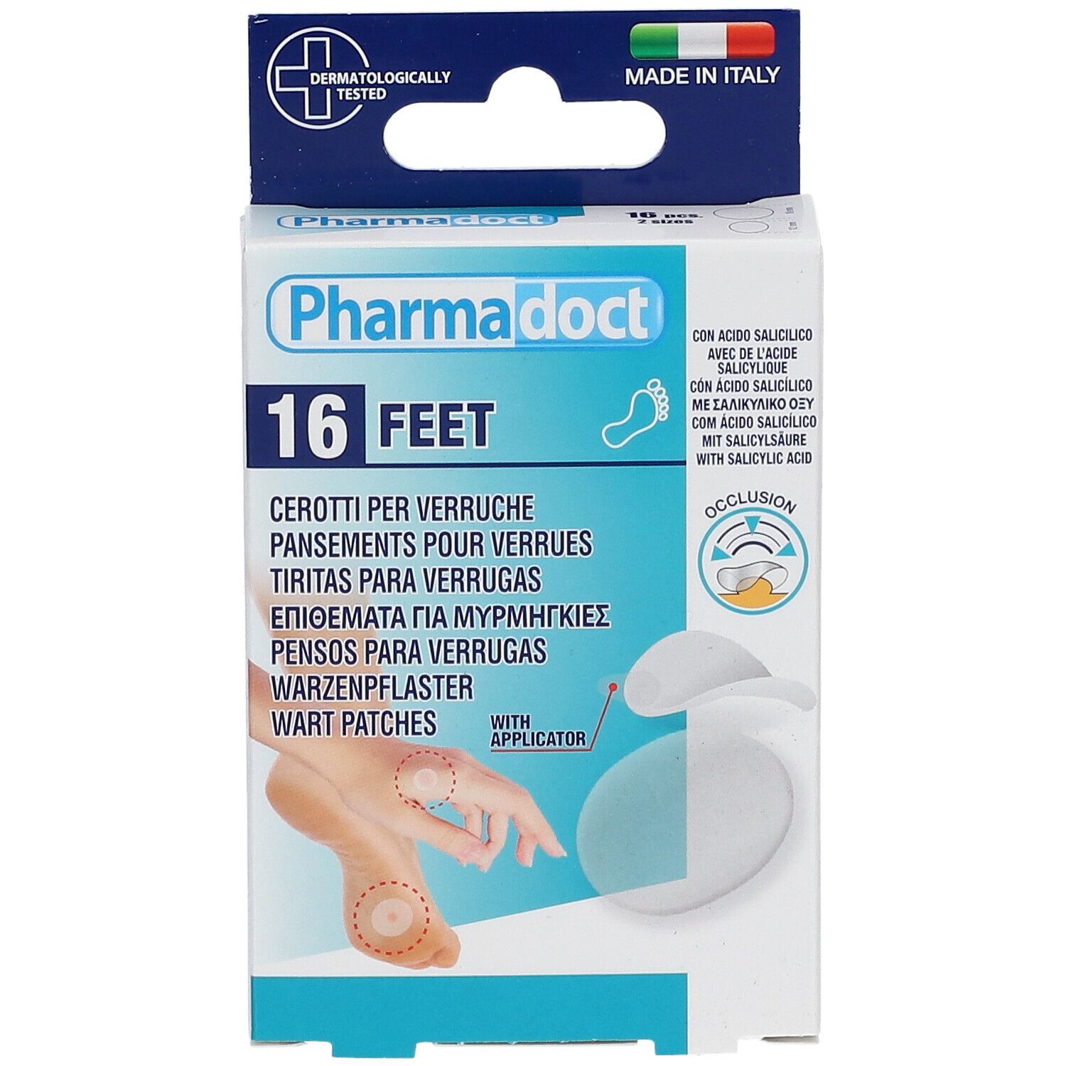 Vooraanzicht van de Pharmadoct voetwarzenpleisterverpakking. 16 stuks. Met applicator. Made in Italy.