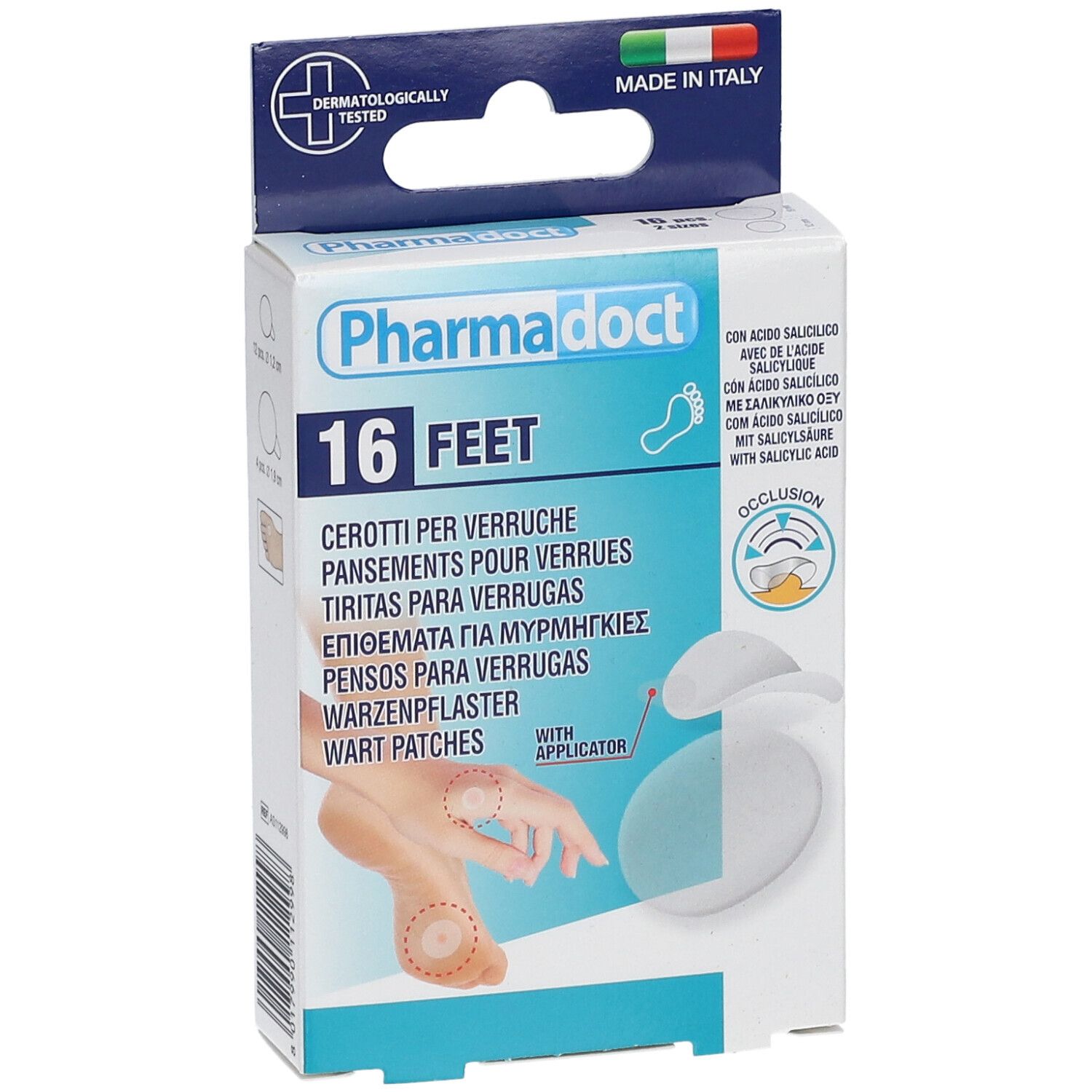 Vooraanzicht van de Pharmadoct voetwarzenpleisterverpakking. 16 stuks. Met applicator. Made in Italy.
