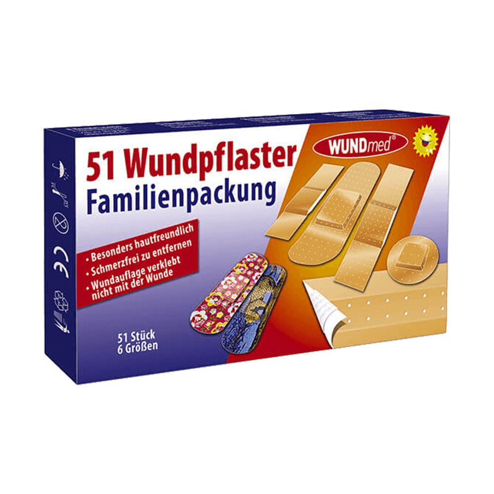 WUNDmed Familieverpakking met 51 pleisters in 6 maten. Verpakking met productafbeelding en CE-markering.